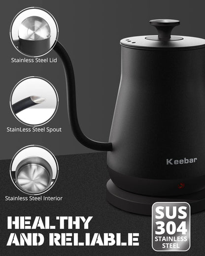 Electric Kettle, 100% Stainless Steel Tea Kettle Pour over for Coffee & Tea, 0.8L,1000W,Matte Black