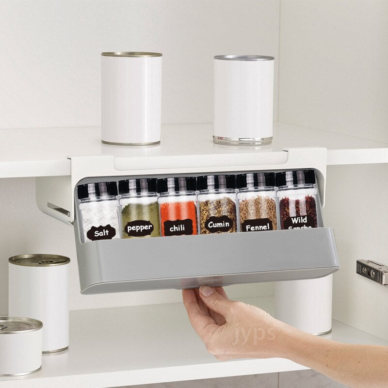 Kitchen Spice Rack Self-Adhesive Wall-Mounted Under-Shelf Seasoning Bottle Storage Rack Spice Organizer Kitchen Storage Rack