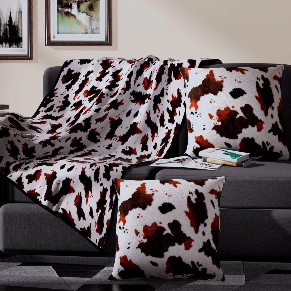 Cow Print Blanket with 2 Cushion Covers Flannel Fleece Brown Cow Blanket Soft Lightweight Fuzzy Cow Print Blankets and Throws for All Seasons Decorations Pillow Size 79X59 Gifts