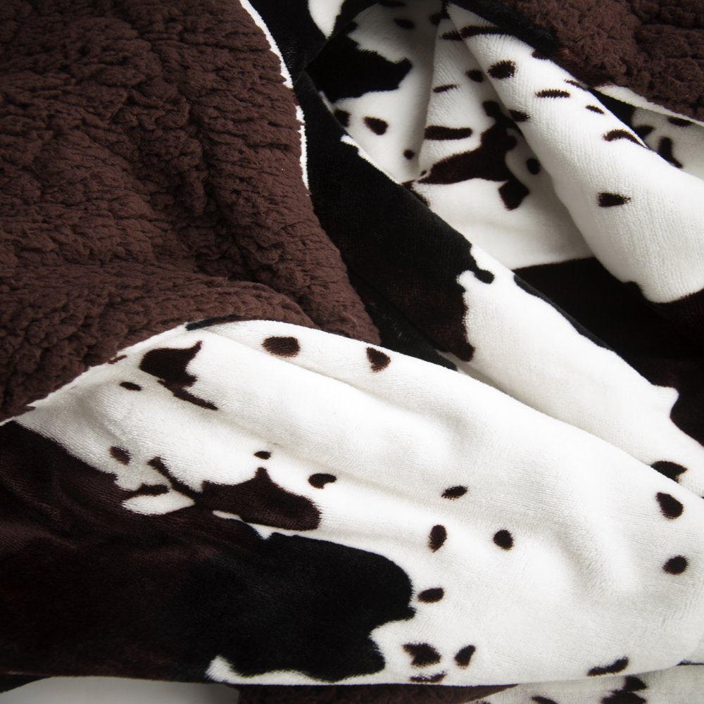 Cowhide Print and Sherpa Plush Throw Blanket, Brown