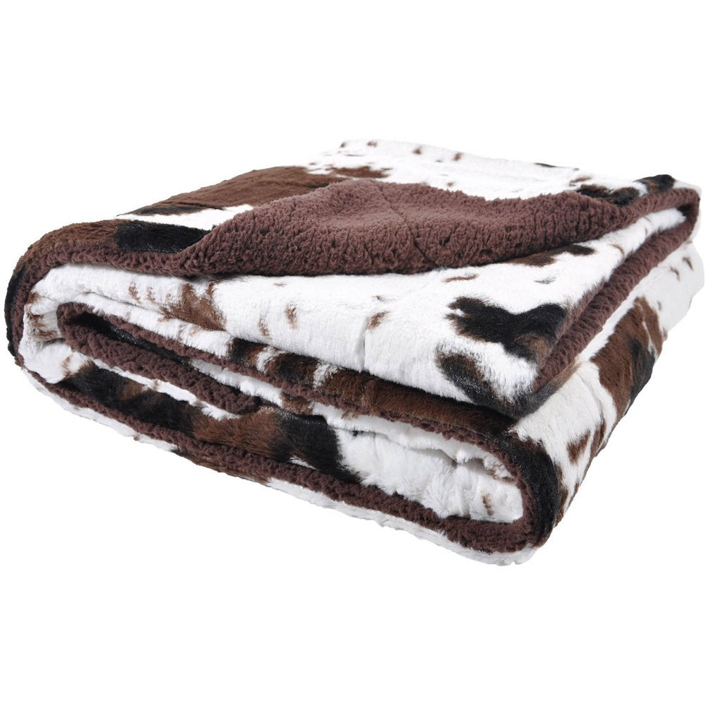 Cowhide Print and Sherpa Plush Throw Blanket, Brown