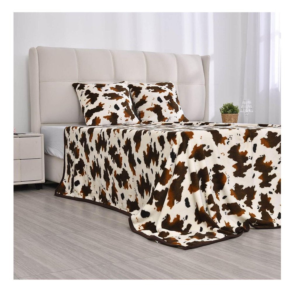 Cow Print Blanket with 2 Cushion Covers Flannel Fleece Brown Cow Blanket Soft Lightweight Fuzzy Cow Print Blankets and Throws for All Seasons Decorations Pillow Size 79X59 Gifts