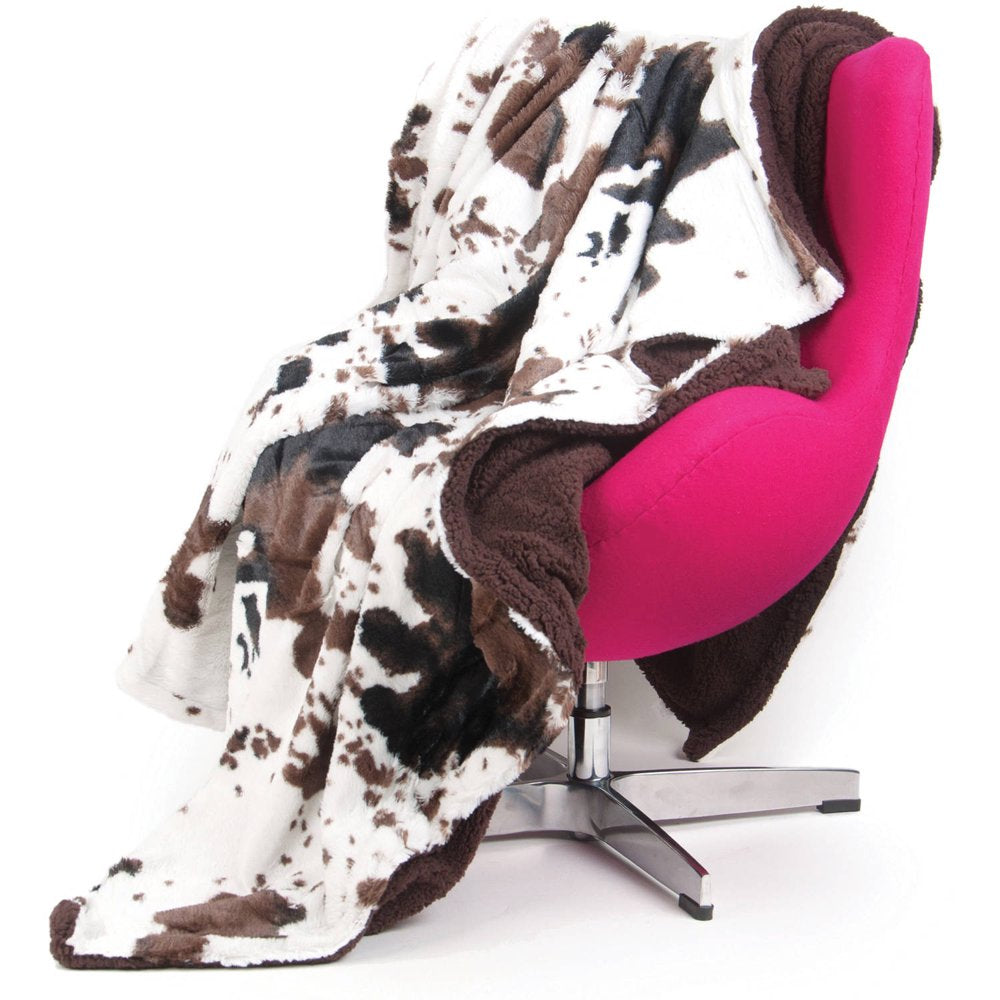 Cowhide Print and Sherpa Plush Throw Blanket, Brown