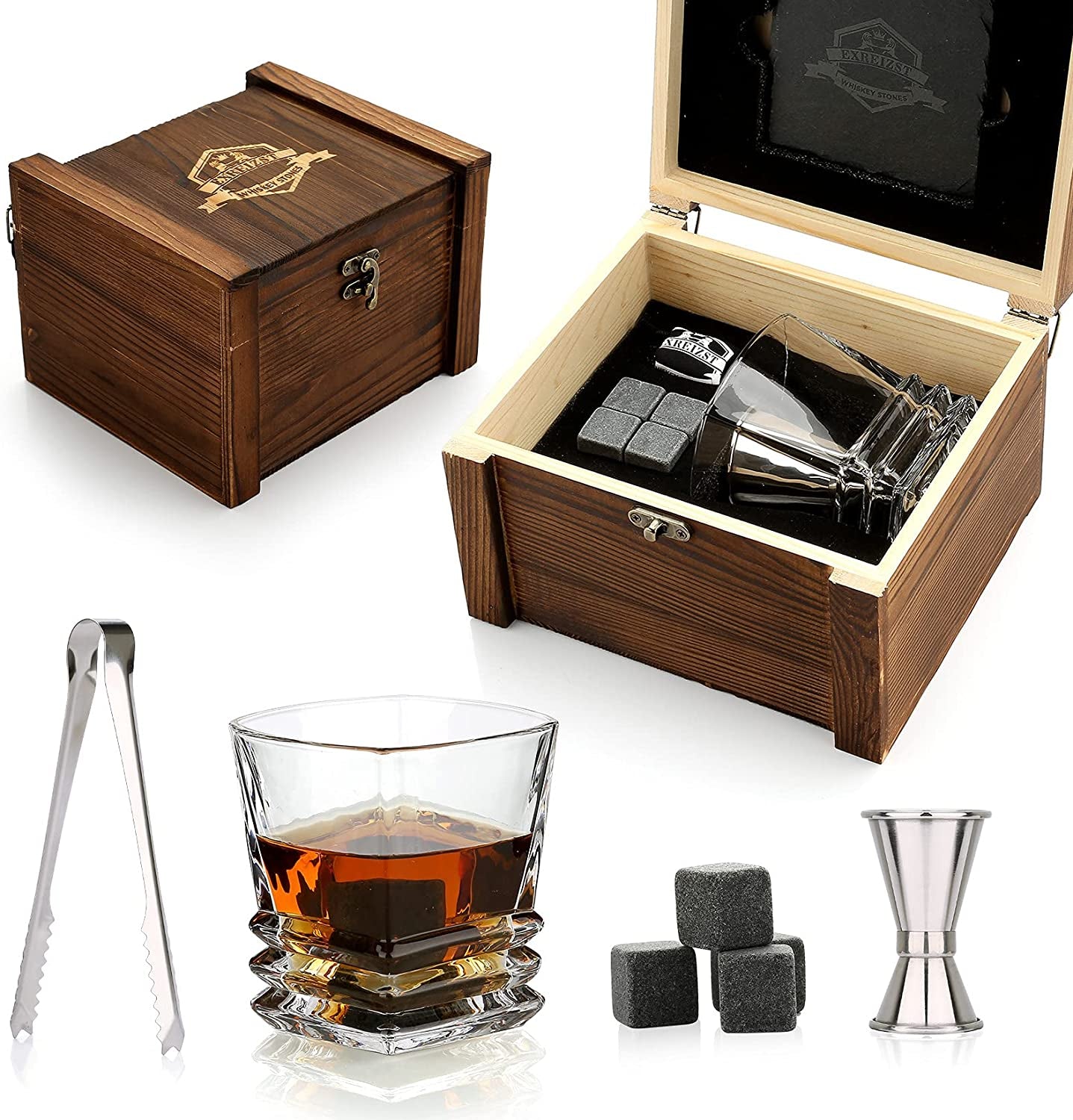 Whiskey Stones Gift Set - Whiskey Gifts for Men, Granite Chilling Whiskey Rocks, Scotch Bourbon Whiskey Glass Gift Box Set, Best Drinking Gifts for Dad Husband Birthday Party Holiday Present