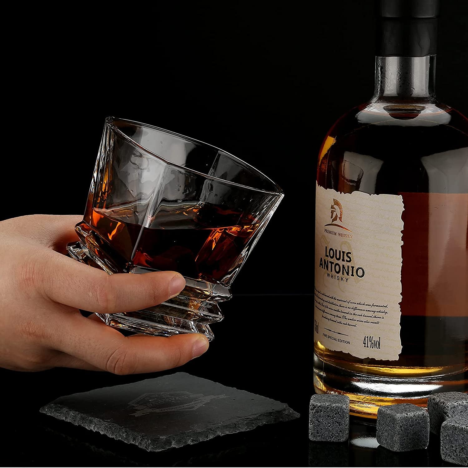 Whiskey Stones Gift Set - Whiskey Gifts for Men, Granite Chilling Whiskey Rocks, Scotch Bourbon Whiskey Glass Gift Box Set, Best Drinking Gifts for Dad Husband Birthday Party Holiday Present