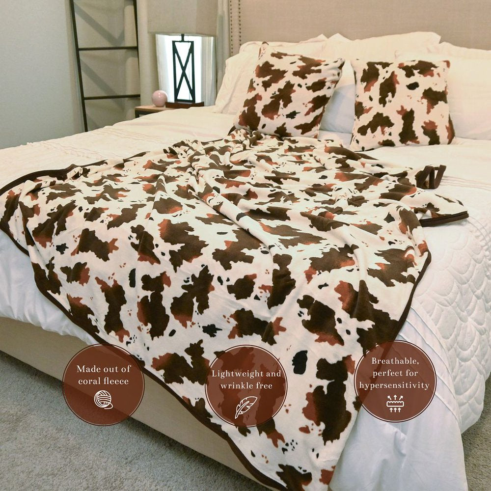 Cow Print Blanket with 2 Cushion Covers Flannel Fleece Brown Cow Blanket Soft Lightweight Fuzzy Cow Print Blankets and Throws for All Seasons Decorations Pillow Size 79X59 Gifts